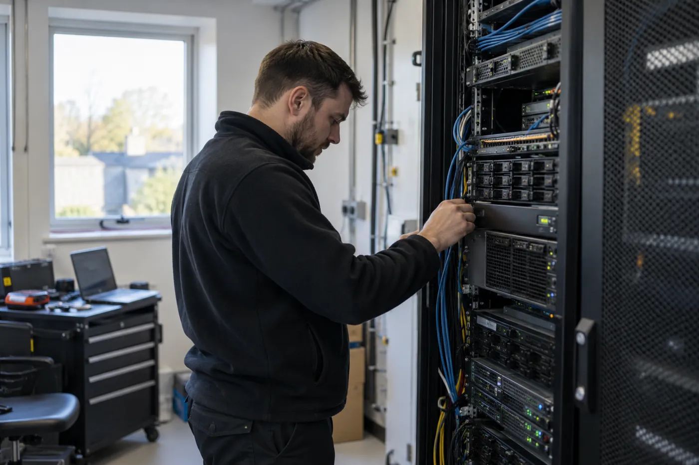 An IT technician inspecting equipment in an enterprise server room