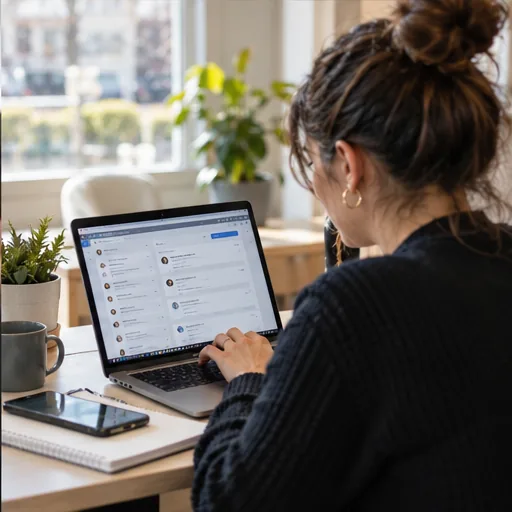 Community manager replying on laptop.