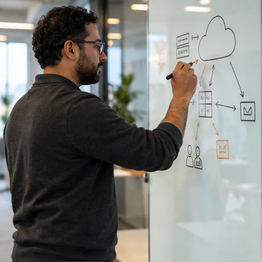 Cloud migration architect drawing on glass board.