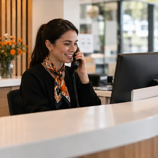 Booking software receptionist desk.