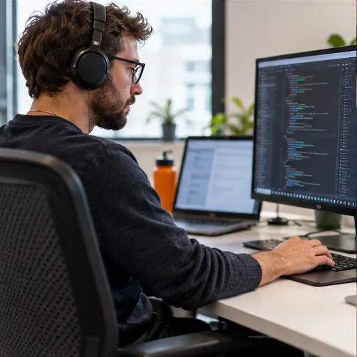 Front-end developer side-profile workstation.
