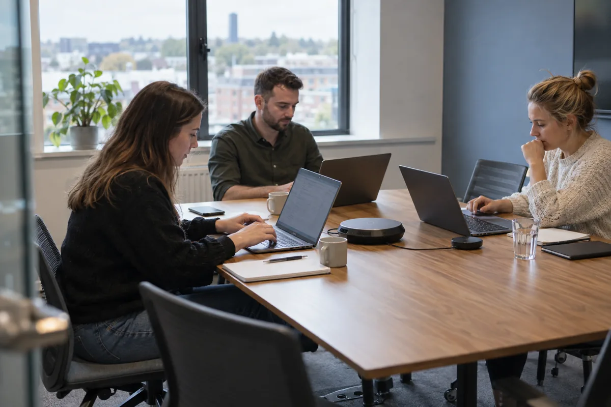 Colleagues collaborating in a bright meeting room.