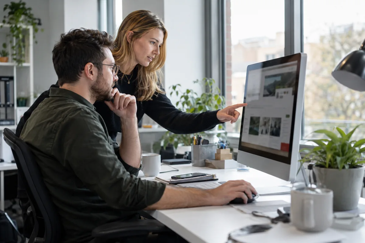 Developer and designer reviewing a website.