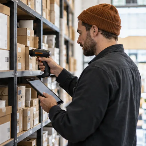 Inventory barcode scanning shelves.