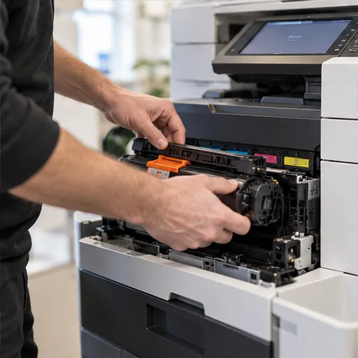 Printer troubleshooting hands at office copier.