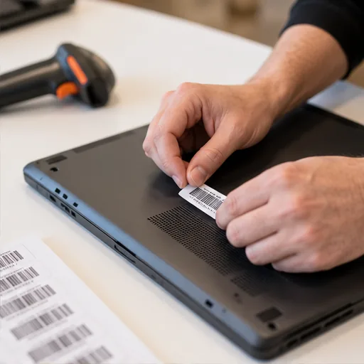 Asset tagging close hands barcode label.