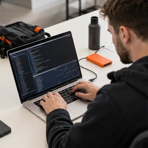 Penetration tester laptop on clean bench.