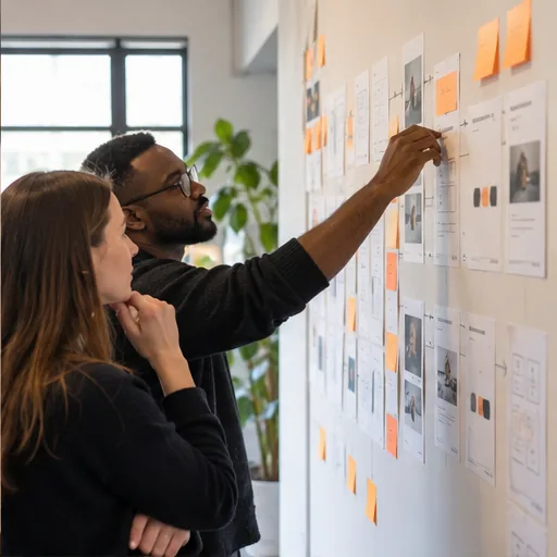User journey cards on wall.
