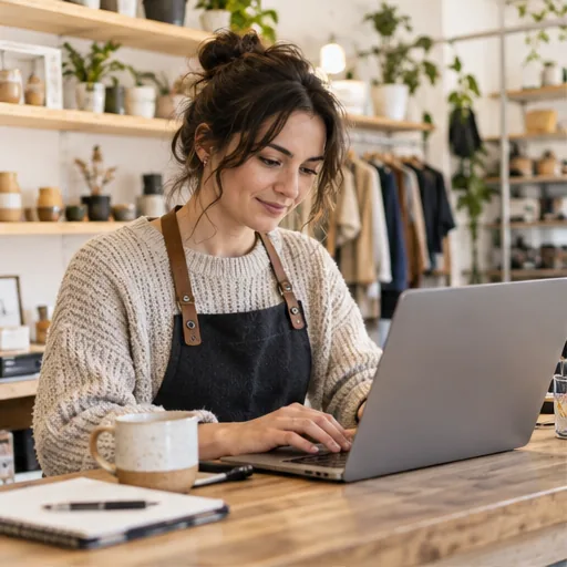 Shopify owner laptop in small shop.